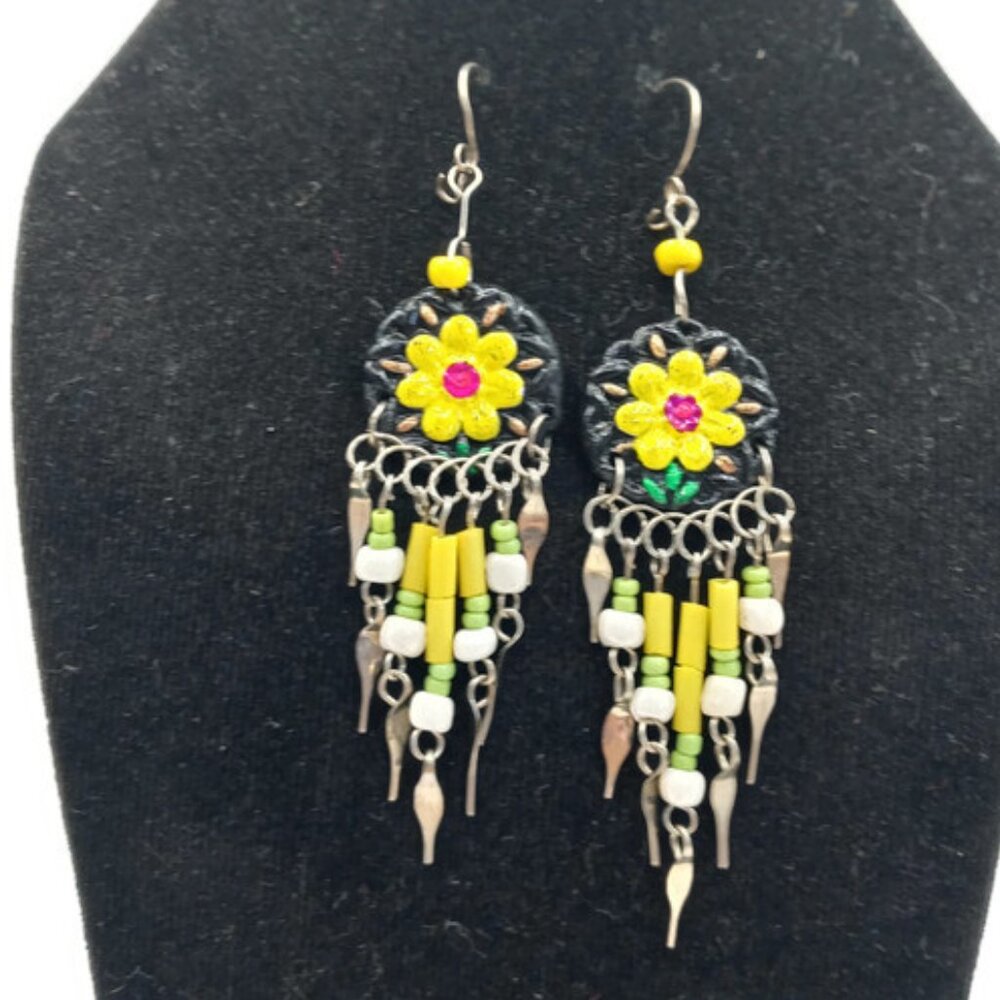Peruvian Earrings for Women Alpaca and Ceramic with Flower Design